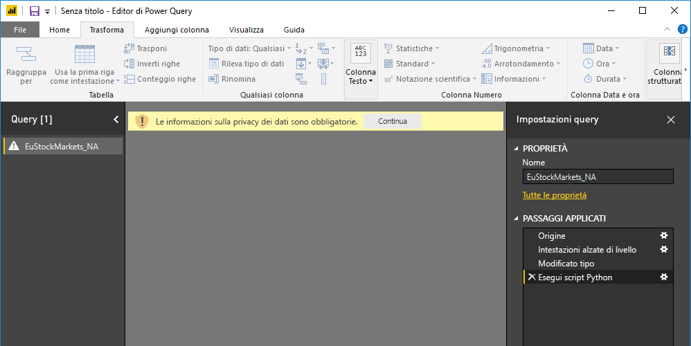 Screenshot of the Power Query Editor pane, showing the warning about data privacy.