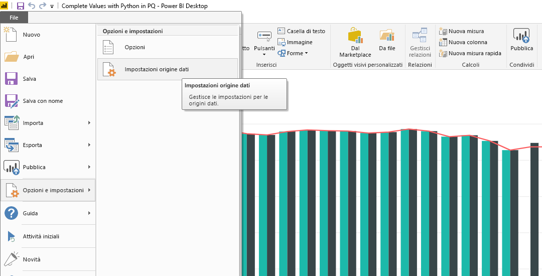 Screenshot of the File menu in Power BI Desktop, showing the Data source settings selection.