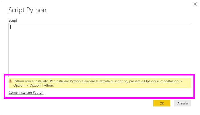 Screenshot di un avviso che indica che Python non è installato.