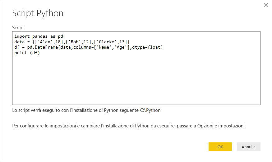 Screenshot che mostra l'incolla dello script Python di esempio nella finestra di dialogo Script Python.