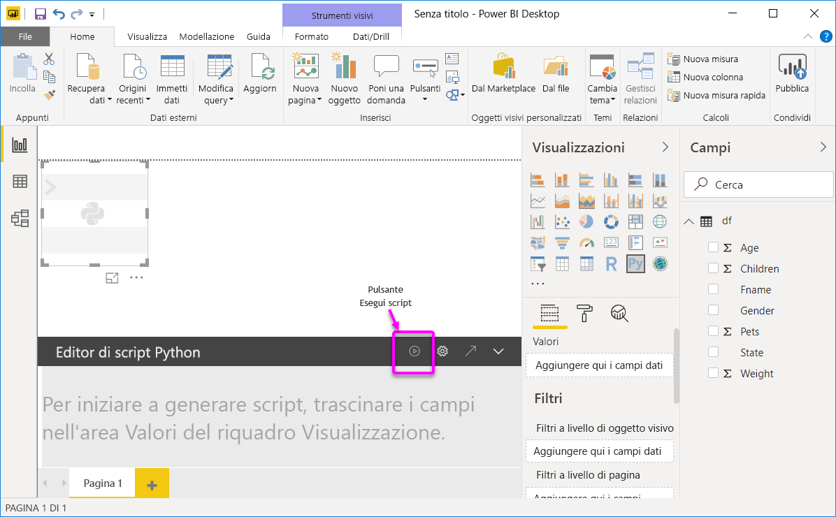 Schermata che mostra l'editor dello script Python.