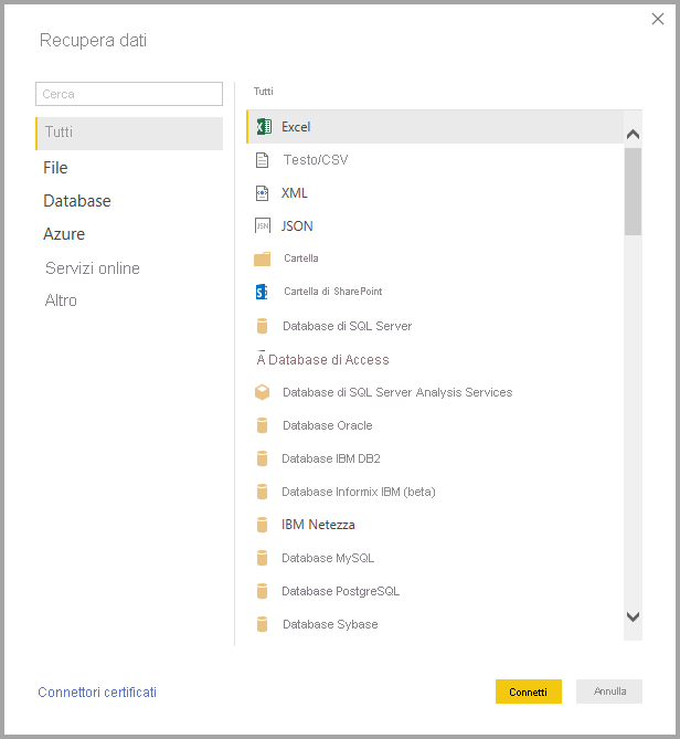 Screenshot shows the Get Data dialog with All and Excel selected.