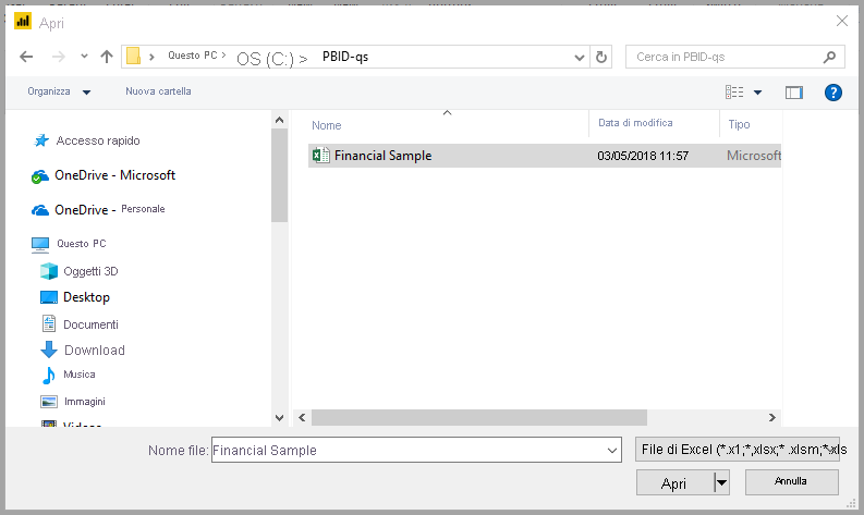 Screenshot mostra una finestra di dialogo di selezione dei file con l'opzione Financial Sample selezionata.