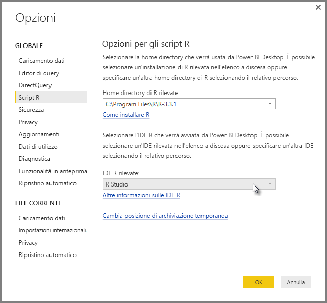 Screenshot of the Options dialog, showing R Studio is entered in the Detected R I D E field.