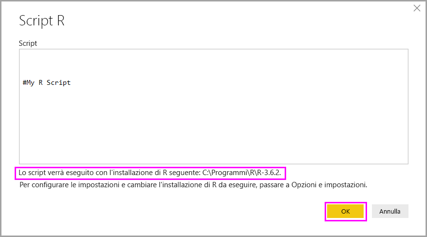 Screenshot mostra la finestra di dialogo Script R in Power BI Desktop con le informazioni di installazione di R evidenziate.