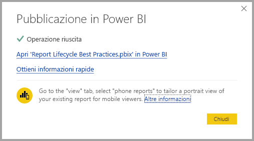 Screenshot che mostra la pubblicazione riuscita.