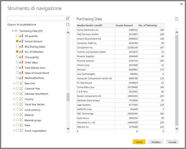 Screenshot di un'anteprima della tabella SAP nella schermata del Navigatore.