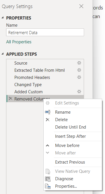 Screenshot del menu di scelta rapida Passaggi applicati dell'editor di Power Query.