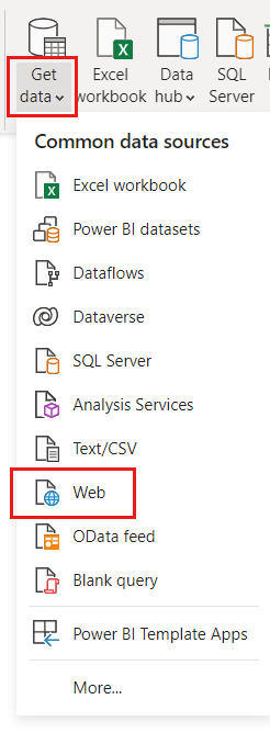 Screenshot dell'editor di Power Query con il menu Recupera dati e l'origine Web selezionata.