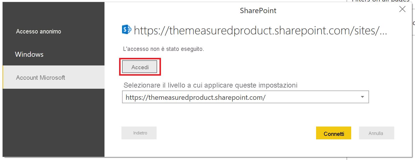 Screenshot che mostra il pulsante di accesso per accedere a SharePoint.