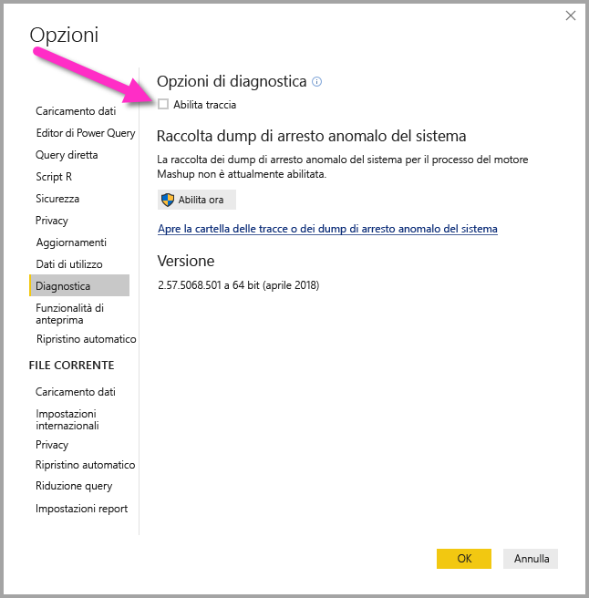 Screenshot che mostra l'opzione per abilitare la traccia in Power BI Desktop.