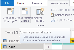 Screenshot che evidenzia il pulsante Colonna personalizzata.