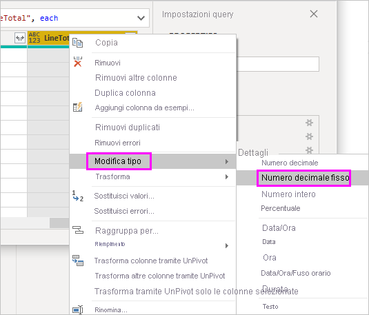 Screenshot che evidenzia l'opzione Numero decimale fisso.
