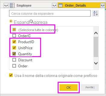 Screenshot che evidenzia le colonne ProductID, UnitPrice e Quantity.