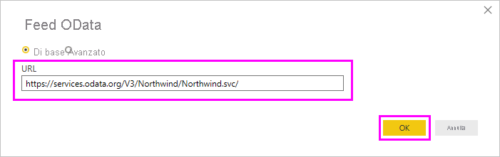 Screenshot che evidenzia il campo URL nella finestra di dialogo Feed OData.