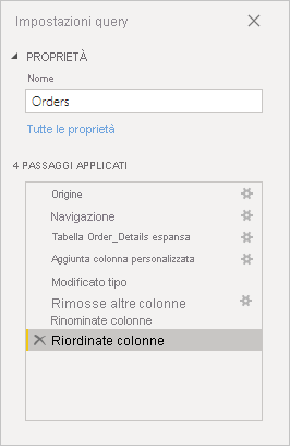 Screenshot che mostra i passaggi applicati nella query Orders.