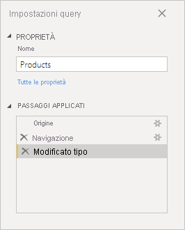 Screenshot che mostra i passaggi applicati nella query Products.