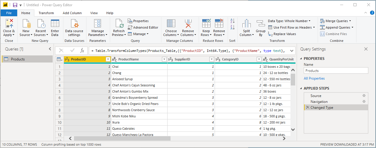 Screenshot che mostra l'editor di Power Query.