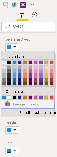 Screenshot che mostra i colori che è possibile selezionare per modificare il colore, inclusi i colori del tema e i colori recenti.