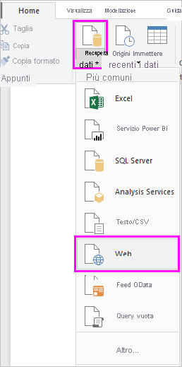 Screenshot che mostra l'opzione Recupera dati sulla barra multifunzione con Web selezionato.