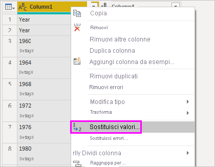 Screenshot che mostra una colonna evidenziata con Sostituisci valori selezionato nel menu di scelta rapida.