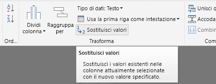 Screenshot che mostra una colonna evidenziata con Sostituisci valori selezionati nella barra multifunzione.