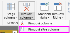 Screenshot che mostra le colonne evidenziate con Rimuovi altre colonne selezionate nella barra multifunzione.