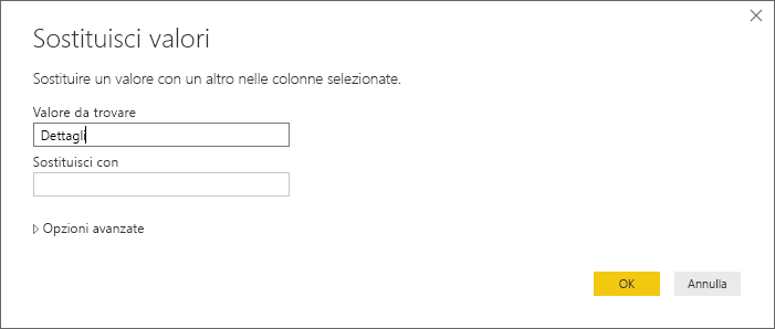 Screenshot che mostra la finestra di dialogo Sostituisci valori in cui è possibile modificare un valore in una colonna.