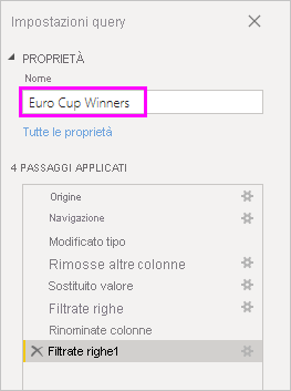 Screenshot che mostra le Impostazioni di query con il nome Euro Cup Winners immesso.