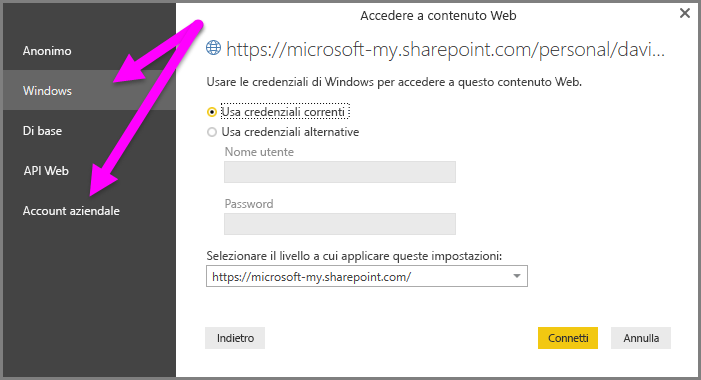 Screenshot della richiesta di credenziali di Power BI Desktop, che mostra la selezione dell'account Windows o aziendale.