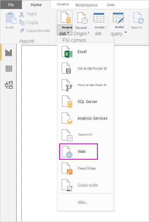 Screenshot della barra multifunzione Recupera dati in Power BI Desktop, che mostra la selezione di Web.