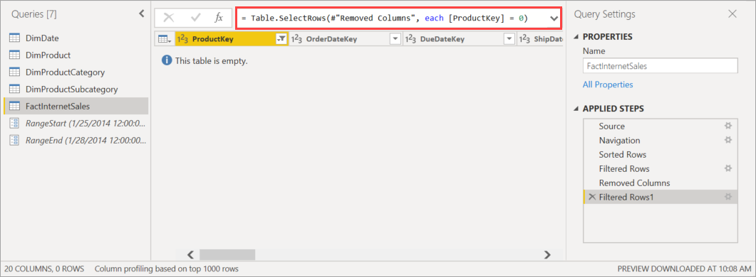 Screenshot che mostra l'editor di Power Query con codice che filtra il codice Product Key.