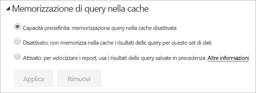 Finestra di dialogo Memorizzazione query nella cache