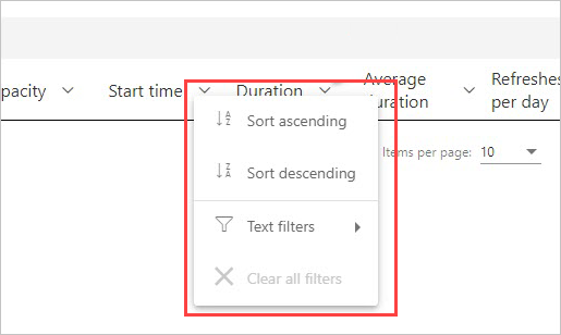 Screenshot che mostra le opzioni Ordinamento crescente, Ordinamento decrescente e filtri di testo per le intestazioni di colonna.