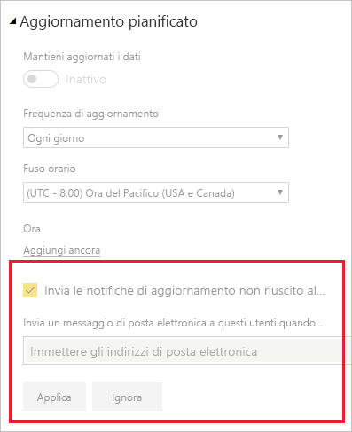 Screenshot della sezione nelle impostazioni del modello semantico per la modifica delle notifiche di aggiornamento delle e-mail di Power BI.