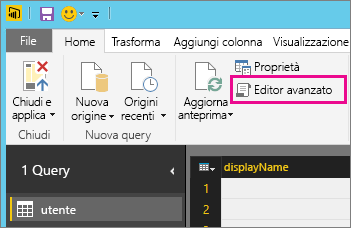 Screenshot che mostra l'opzione Editor avanzato dell'editor di Power Query.