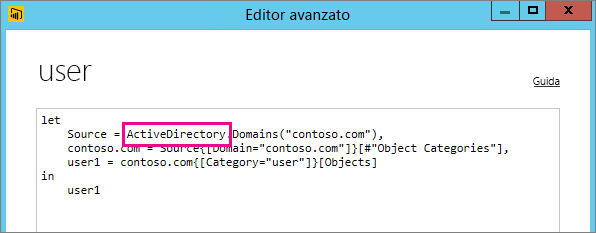 Screenshot che mostra l'editor avanzato con il provider di origine evidenziato.