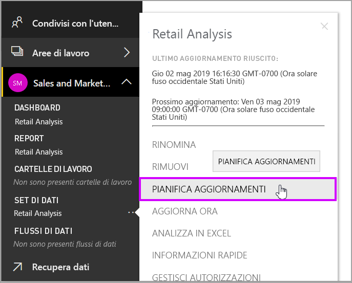 Screenshot che mostra la selezione di Pianifica aggiornamento nel riquadro di spostamento.