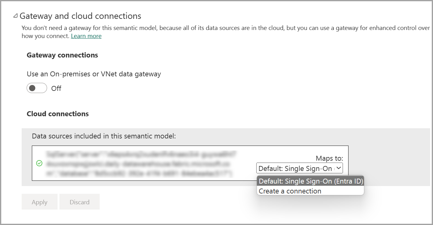 Screenshot dell'uso di una connessione cloud condivisibile anziché delle credenziali di Single Sign-On predefinite.