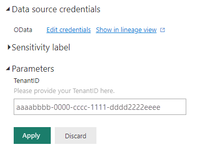 Screenshot of data source credentials.