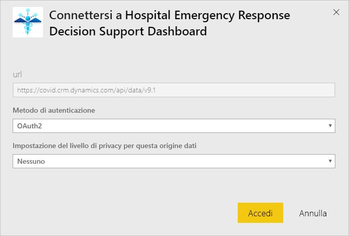 Finestra di dialogo di autenticazione dell'app Hospital Emergency Response Decision Support Dashboard