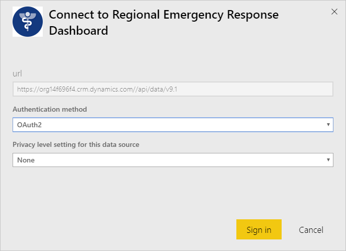 Finestra di dialogo di autenticazione dell'app Regional Emergency Response Dashboard