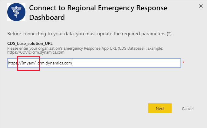 Finestra di dialogo con l'URL dell'app Regional Emergency Response Dashboard