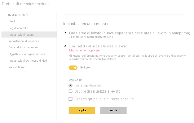 Impostazioni dell'area di lavoro dell'amministratore Power BI