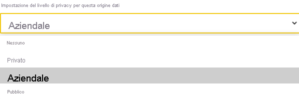 Screenshot delle selezioni a livello di privacy per le origini dati.