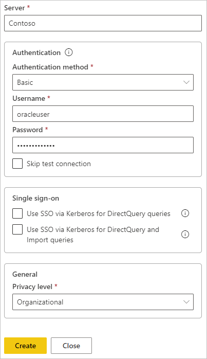 Screenshot della compilazione delle credenziali e del livello di privacy per l'origine dati Oracle.