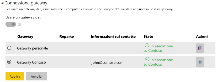 Screenshot che mostra le impostazioni di connessione del gateway.