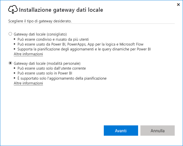 Screenshot che mostra la selezione del gateway dati locale (modalità personale).