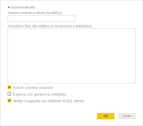 Screenshot delle opzioni avanzate di SQL Server