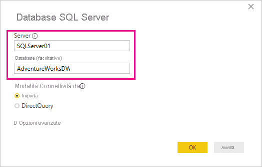 Screenshot della finestra di dialogo Database di SQL Server.